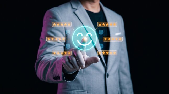 Professional businessman in a grey blazer interacts with a glowing digital interface showing customer feedback ratings with golden stars and neon blue smiling face icons