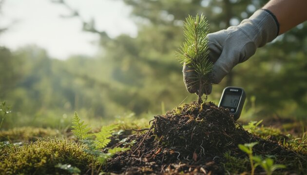 Hand Planting Young Pine Tree for Ecosystem Restoration