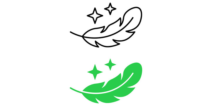 Two icons of a light feather with sparkling stars, one in black outline and one in solid green color.