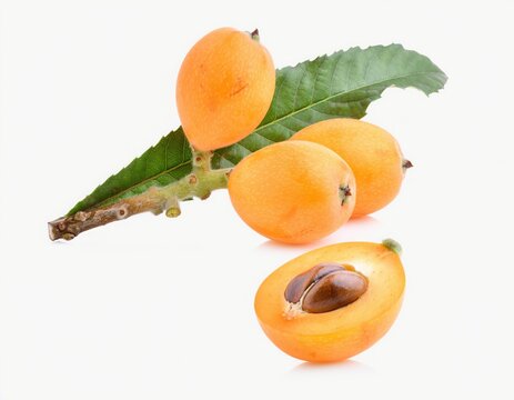Fresh loquat fruits on a branch with leaves isolated on white background
