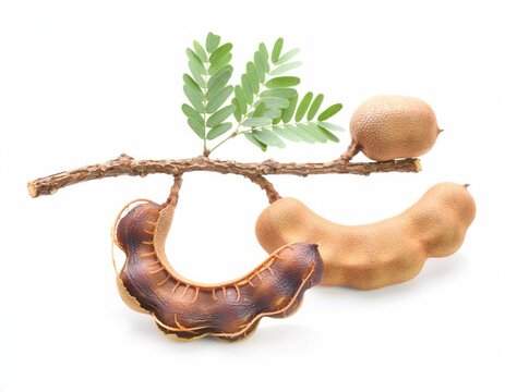 Fresh tamarind pods with leaves isolated on white background