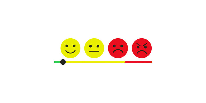Customer feedback scale with yellow and red emoticons representing emotional satisfaction level for review rating.