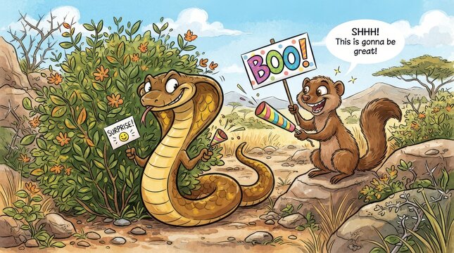 Cartoon mongoose and cobra playing a surprise prank in the savannah
