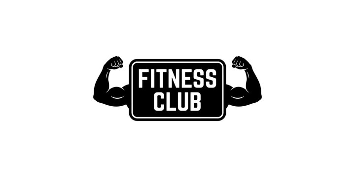 Fitness club logo design featuring muscular bicep arms and bold text inside a rounded rectangular frame border.