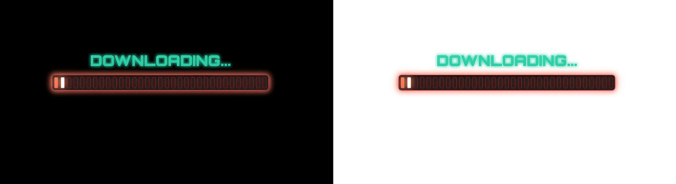Downloading progress bar with glowing text and digital loading indicator for software updates and website interface design elements set