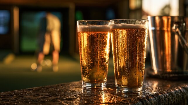 Two cold glasses of golden beer with condensation on the surface placed on a textured bar counter in a warm ambient setting with blurred background and soft lighting