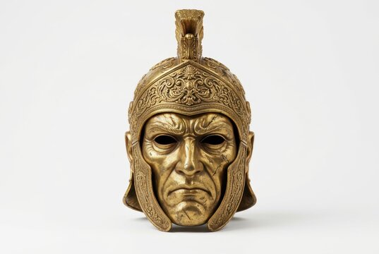 Detailed Golden Ancient Roman Centurion Helmet with Ornate Engravings and Face Mask Isolated on White Background