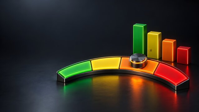 3D rendered curved dashboard meter with green to red gradient alongside ascending colorful bar charts representing business growth risk and performance analytics.