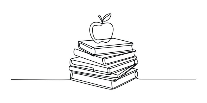 Continuous single line drawing of a stack of books with an apple on top