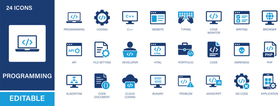 Programming 24 Editable Icon Set. Coding, Development, Software, Web and Technology Vector Icons.