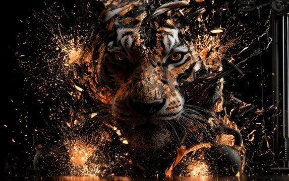 Powerful tiger face exploding into sparks and debris creative concept