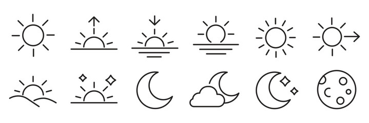 Fototapeta premium time of the day and night line icon set. Sunshine, UV radiation, sunrise, daylight, clear weather, heat and partly cloudy symbols linear minimal vector illustration. Editable Stroke. 