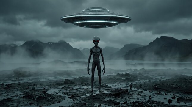 Alien humanoid standing below a large glowing UFO in dark landscape