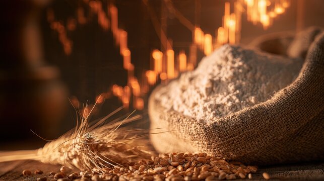 Close-up of burlap sack filled with flour and wheat grain with wheat stalk and glowing financial chart in background