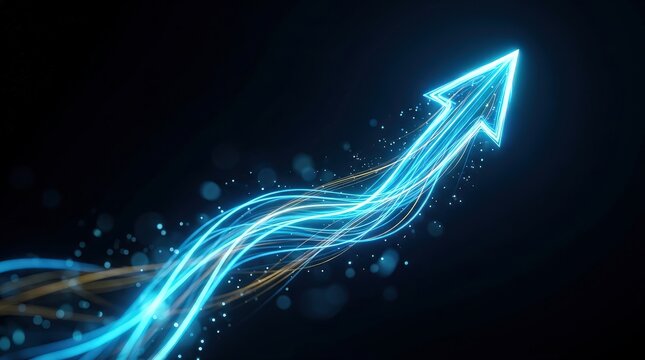Glowing blue neon arrow pointing upward symbolizing business growth and financial success with light streaks