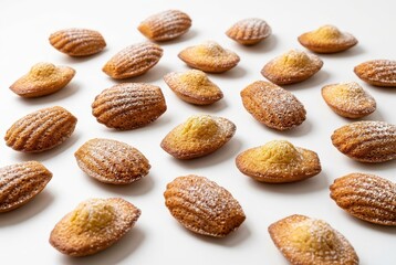 Obraz premium Freshly Baked French Madeleine Cookies with Powdered Sugar Dusted on Top Arranged on White Background