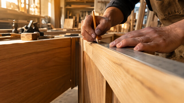 A close-up of a carpenter marking precise measurements on wooden planks in a workshop filled with woodworking tools and natural light.