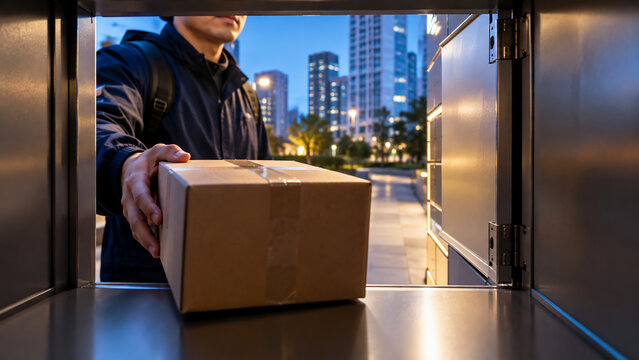 A person delivers a cardboard package into a secure locker outdoors in an urban area during evening hours.
