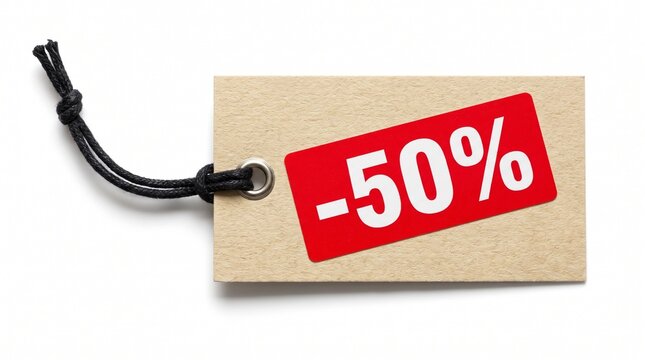 Beige cardboard price tag with a red fifty percent discount label attached by a black string with label white text