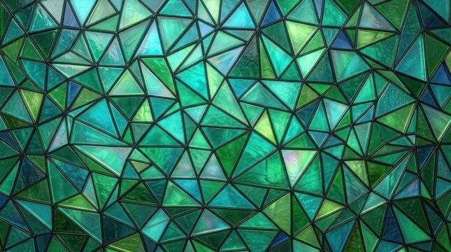 Abstract geometric background featuring a vibrant pattern of emerald green and teal triangular shards and crystalline shapes
