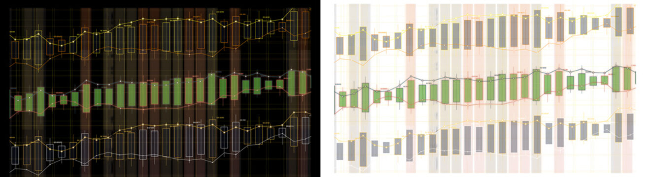 Abstract sound wave visualization bars showing audio frequency spectrum and digital data rhythm patterns in dark and light versions for music design