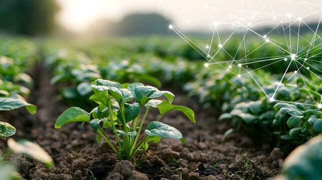 Rows of young green plants growing in soil with a glowing digital network overlay in the background