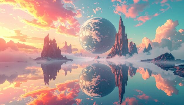Surreal Alien Planet Landscape with Floating Orb and Dramatic Sky.