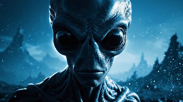 Cinematic portrait of a gray alien on a mysterious rocky planet