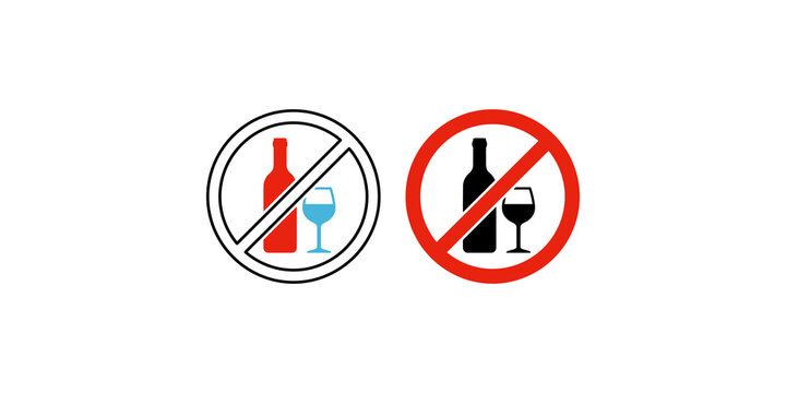 Black and red no alcohol allowed icon symbol with bottle and glass for beverage restriction.