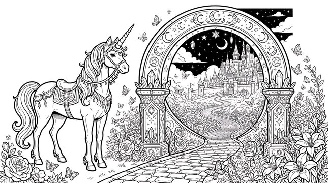 Detailed coloring page featuring a unicorn standing near a large circular portal archway leading to a magical castle under a starry night sky