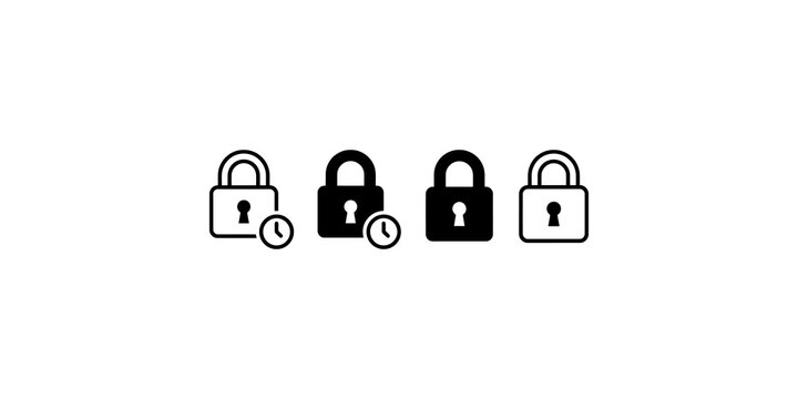 Set of black and white lock icons with clock symbols for security and time-based access.