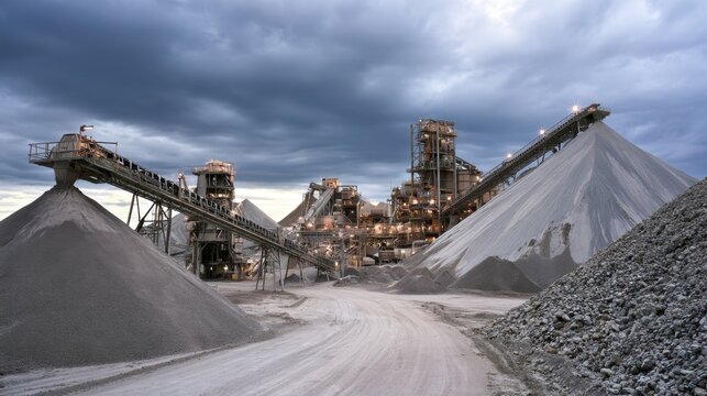 Industrial mining site with conveyor belts transporting gravel and large piles of raw material under a cloudy sky