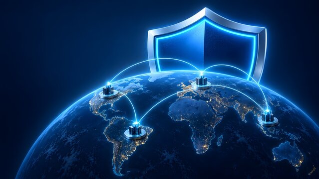 Global cyber security concept featuring Earth globe with server nodes connected by light trails under a large glowing protection shield.