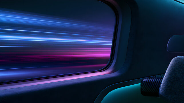 Futuristic high speed train interior view looking out window at glowing neon light motion blur streaks