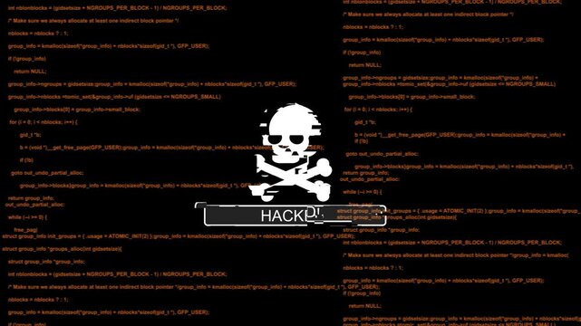 Cyber security alert: hacked warning sign with flashing skull and programming code background hacking