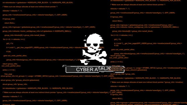 Cyber attack warning with skull and scrolling source code background, hacker security breach, malware ransomware