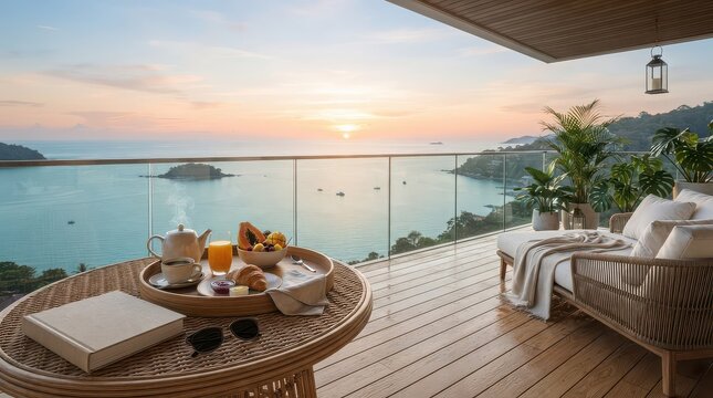 Breakfast on a balcony overlooking the ocean at sunrise image photo