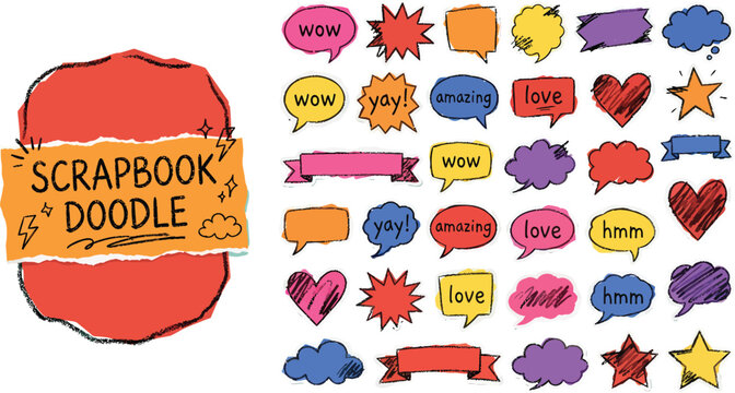 Collection of colorful hand-drawn speech bubbles and thought clouds for scrapbooking and journaling, featuring various shapes like hearts, stars, and bursts with text like wow, yay, love, and hmm