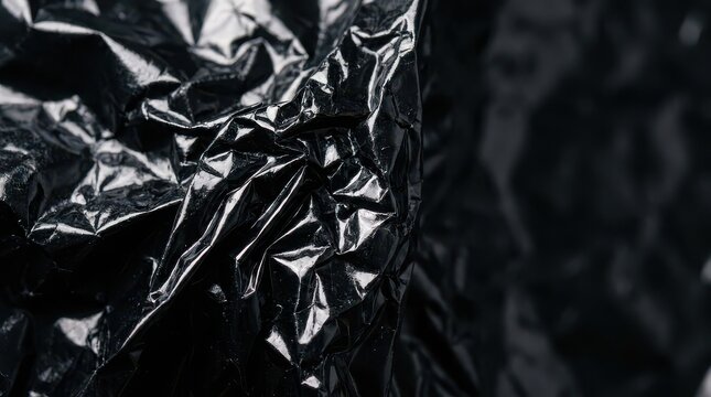 Close-up of crumpled black shiny plastic texture with deep shadows black plastic