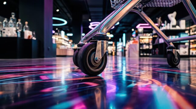 Close-up of shopping cart wheels on a reflective floor with neon lights trolley reflection