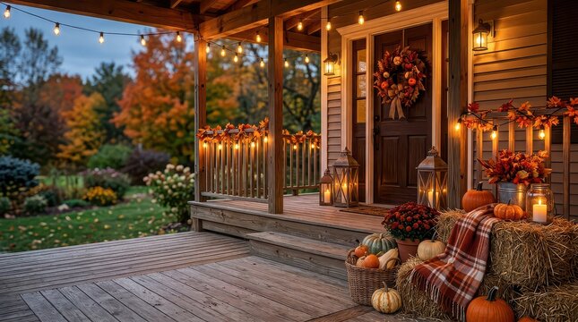 Cozy autumn porch decorated with pumpkins, hay bales, lanterns, and fall foliage, illuminated by string lights