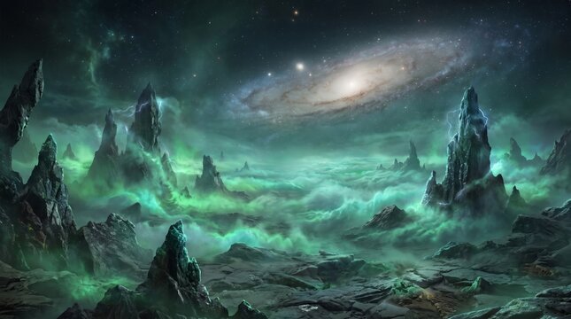 Ethereal Alien Planet Landscape With Glowing Emerald Fog And A Spiral Galaxy In The Night Sky