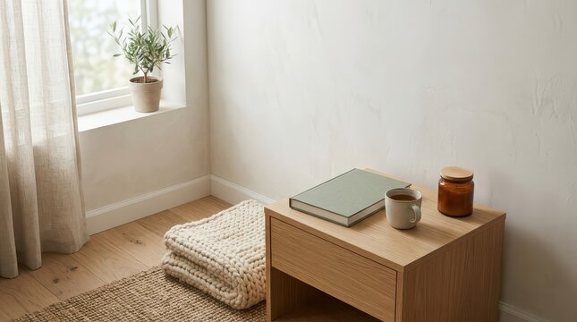 Cozy Bedroom Corner with a Wooden Nightstand, Book, Tea, and Knitted Blanket by a Window wooden furniture