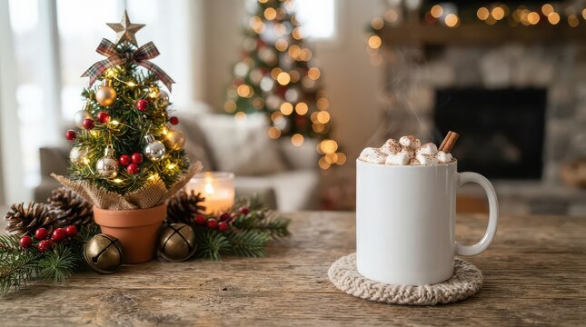 Cozy Christmas Scene with Hot Chocolate and Decorated Tree holiday lights