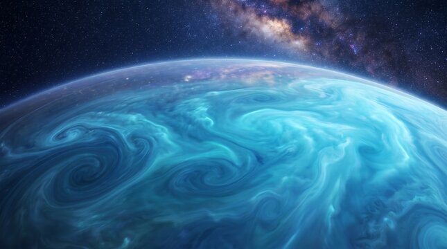 Stunning View Of Glowing Blue Swirling Clouds On A Distant Planet With A Vibrant Distant Galaxy