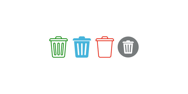 Set of colorful trash can icons in outline and filled styles indicating delete remove recycle functions.