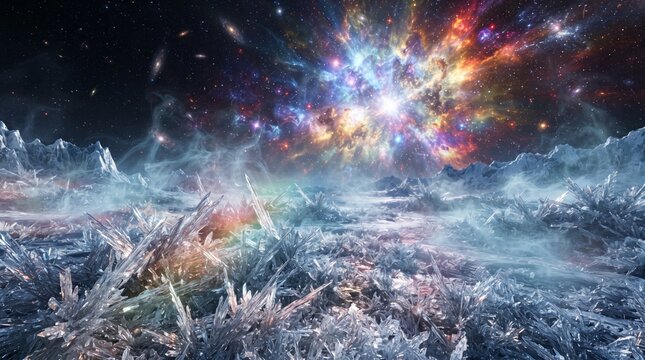 Vibrant Nebula Radiating Light Over A Frozen Crystal Landscape In Deep Space