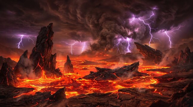 Violent Volcanic Landscape With Molten Lava Flows And Purple Lightning Storm Under Dark Smoke Clouds