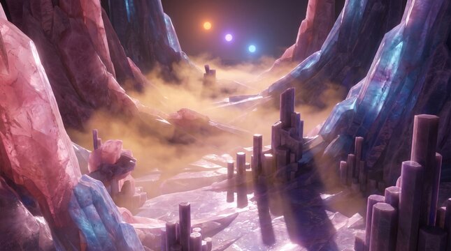 Glowing Crystal Canyon With Hazy Golden Atmosphere And Floating Orbs In A Surreal Landscape