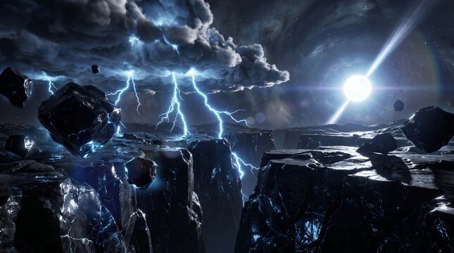 Cosmic Storm With Floating Rocks And Lightning Over A Dark Alien Exoplanet Landscape